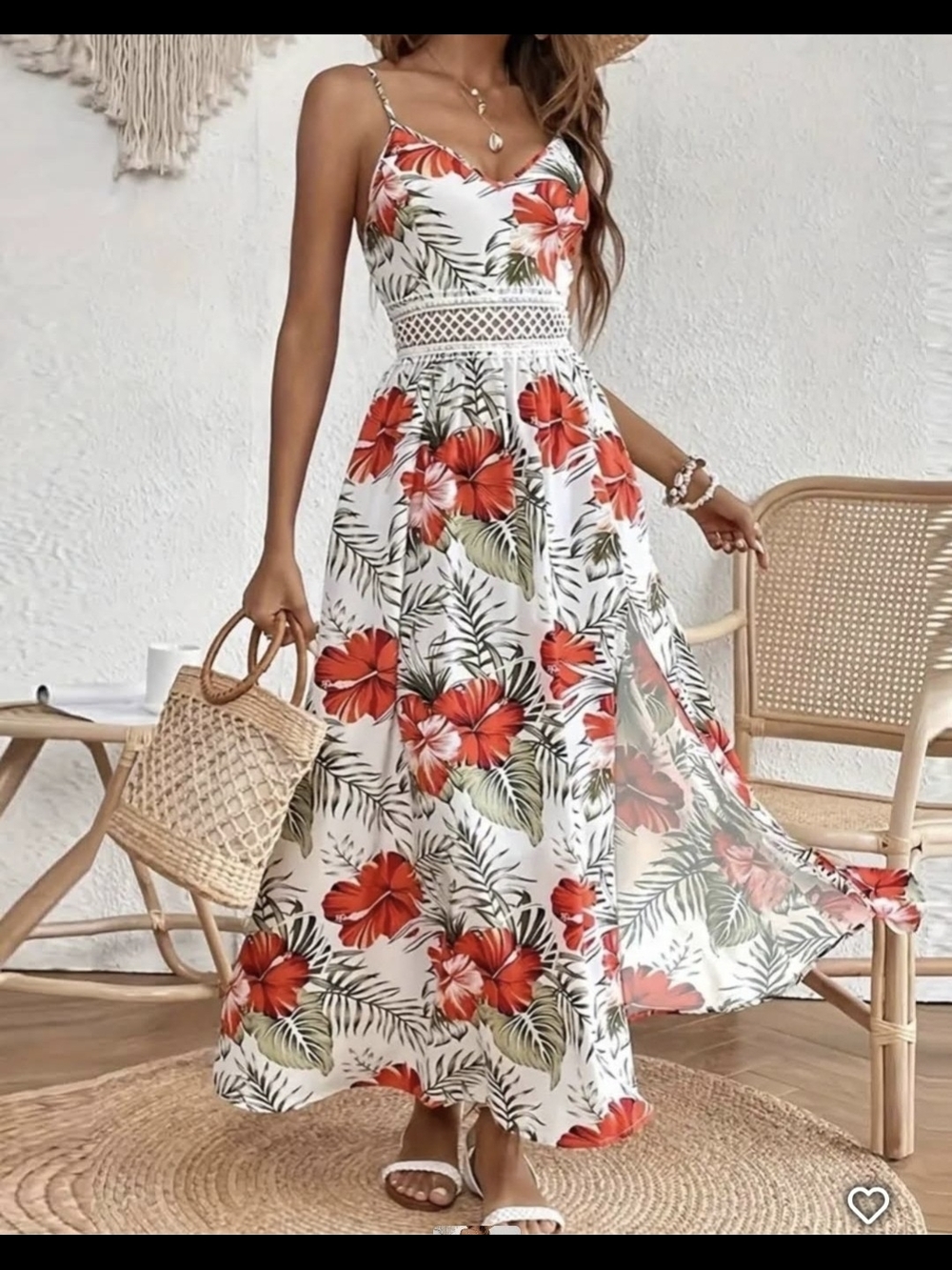 Floral Spaghetti‑Strap Maxi Dress - Red & Green